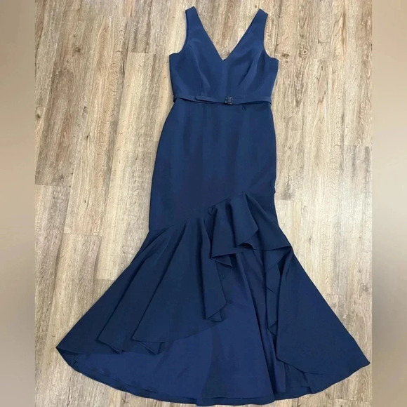 Eliza J • Sleeveless V-Neck Belted High Low Asymmetrical Gown - Picture 11 of 16